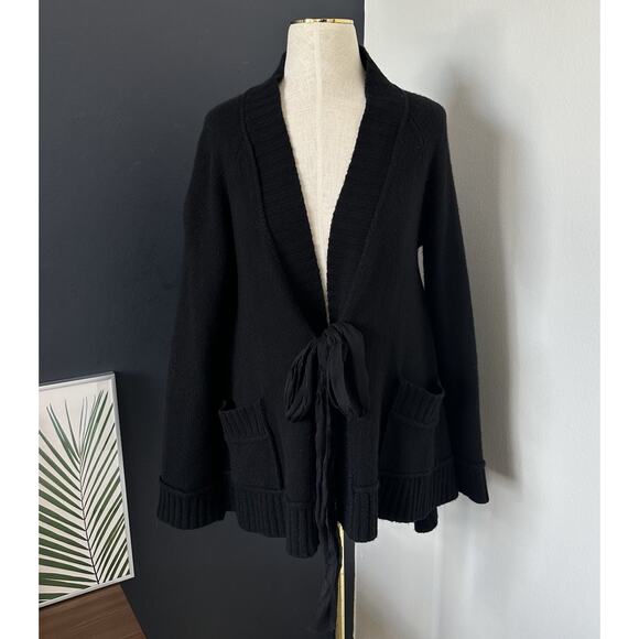 DONNA KARAN Black Label Cashmere Cardigan Silk Front Ties Long Sleeve Pockets - Picture 1 of 10